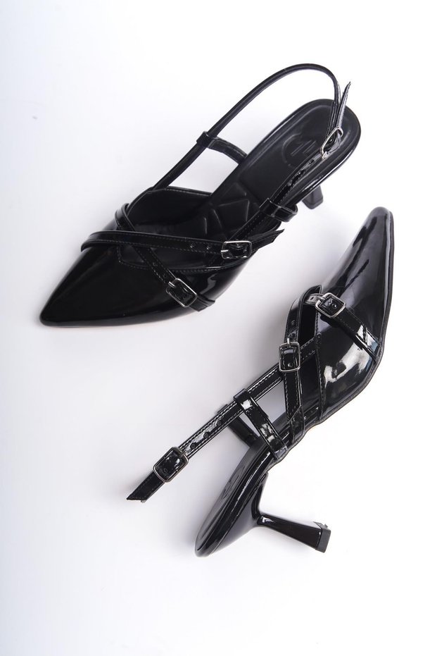İkparS Mary Jane Black Patent Leather Cross Two-Strap Stiletto Heeled Shoes