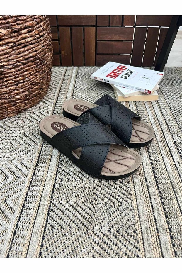 Men's Full Orthopedic Sole Soft Puff Sole Faux Leather Heel Spur Compatible Medical Medical Slippers