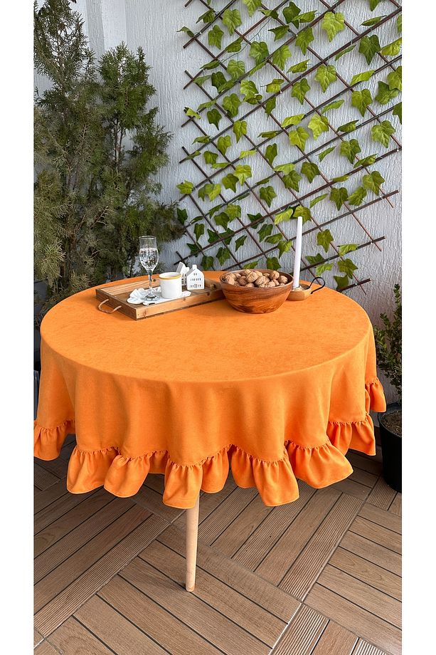 Soft Kumaş Turuncu Fırfırlı Vintage Yuvarlak Dertsiz Masa Örtüsü - 2