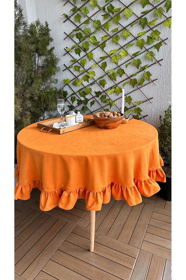 Soft Kumaş Turuncu Fırfırlı Vintage Yuvarlak Dertsiz Masa Örtüsü - 1