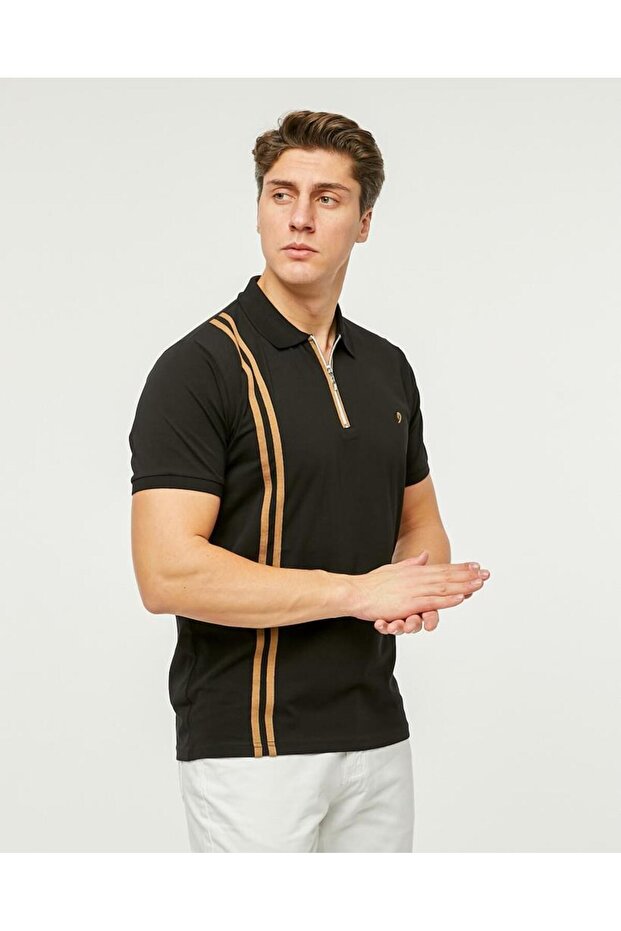 POLO NECK T-SHIRT WITH DOUBLE STRIPES AND ZIPPERS