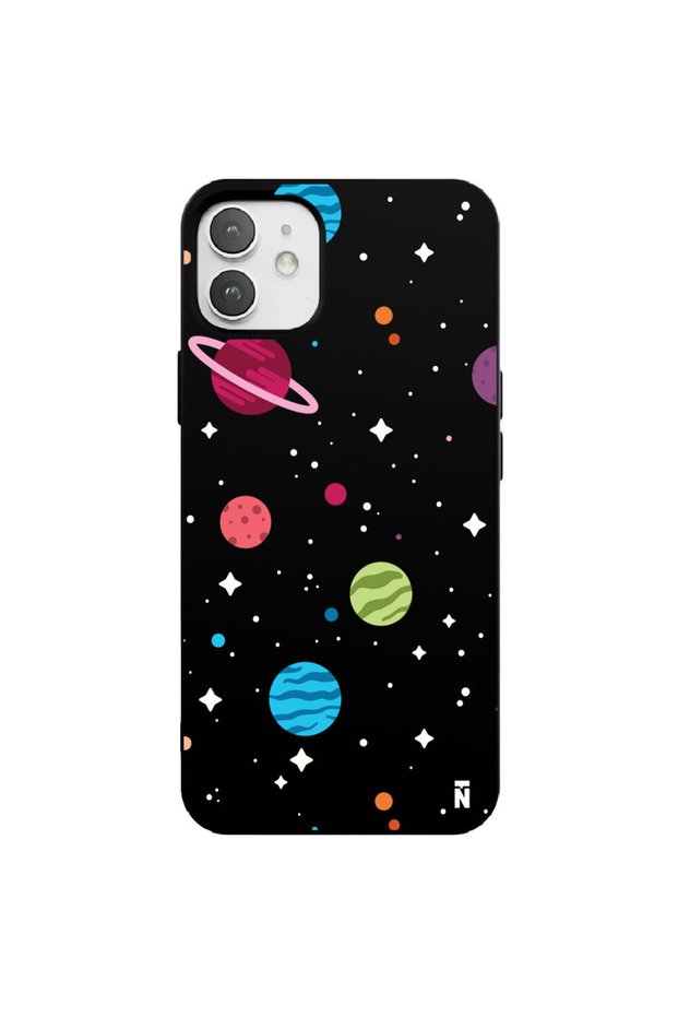 حافظة هاتف من السيليكون باللون الأسود بتصميم كواكب الفضاء الصغيرة لهاتف iPhone 12