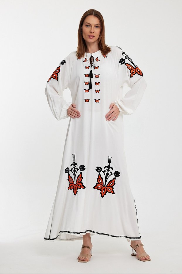 Women's White Placket Collar Butterfly Embroidery Detailed Long Sleeve Long Dress