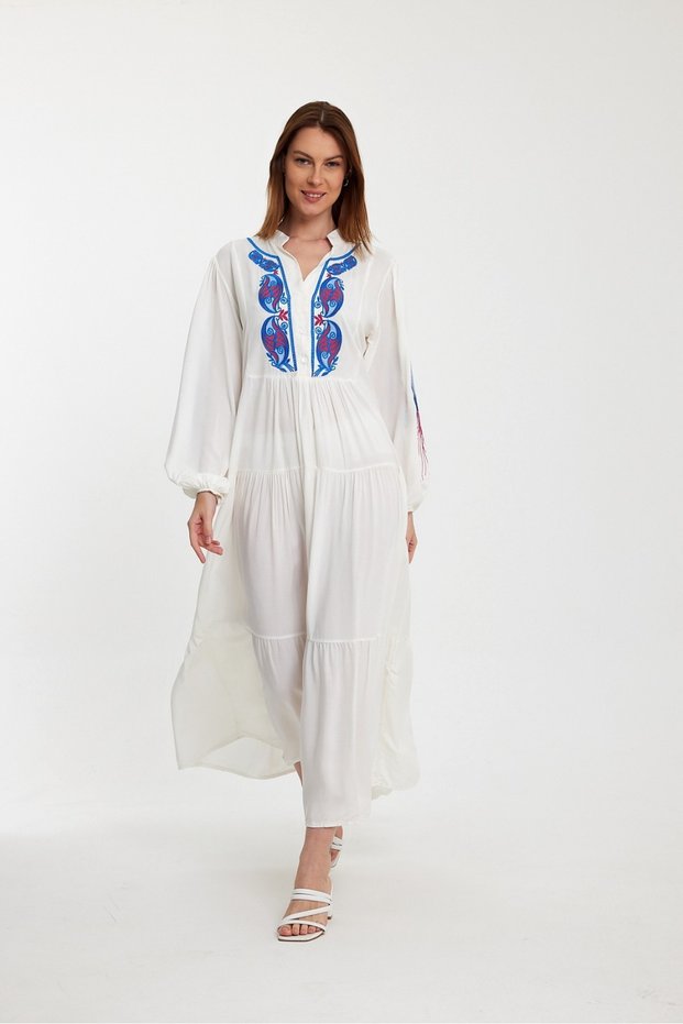 Women's White Placket Collar Embroidery Detailed Loose Long Sleeve Long Dress
