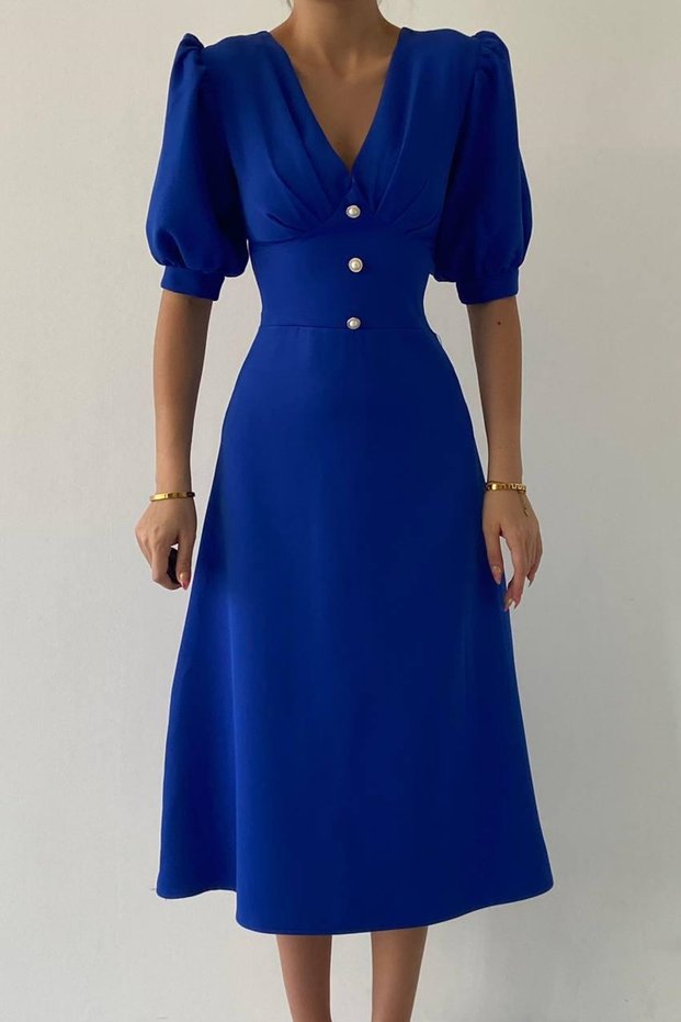 Women's Cotton Atlas Fabric Button Detailed V-Neck Short Balloon Sleeve Midi Length Bell Cut Blue Dress 153