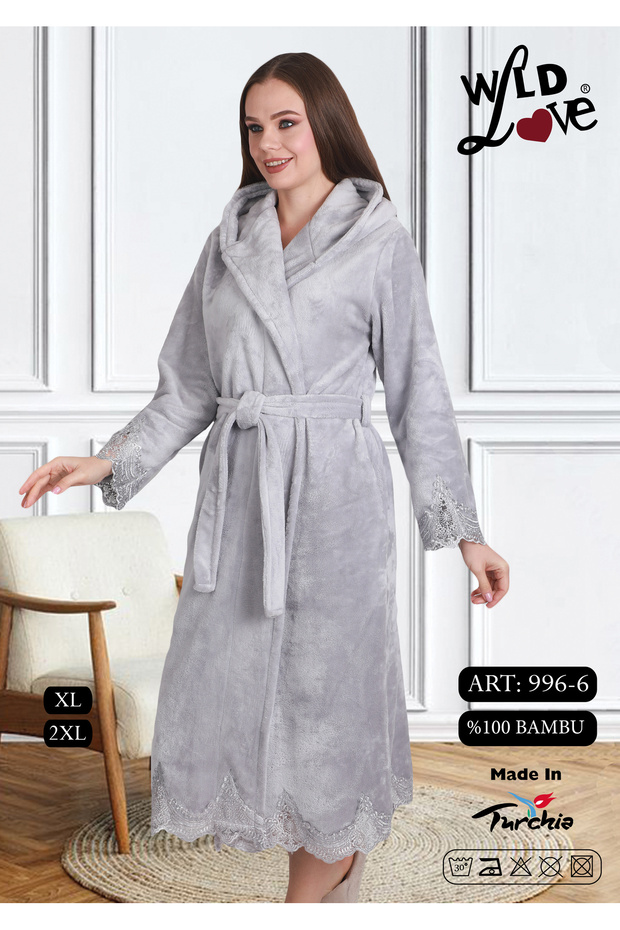 Women's Hooded Lace 100% Bamboo Dressing Gown