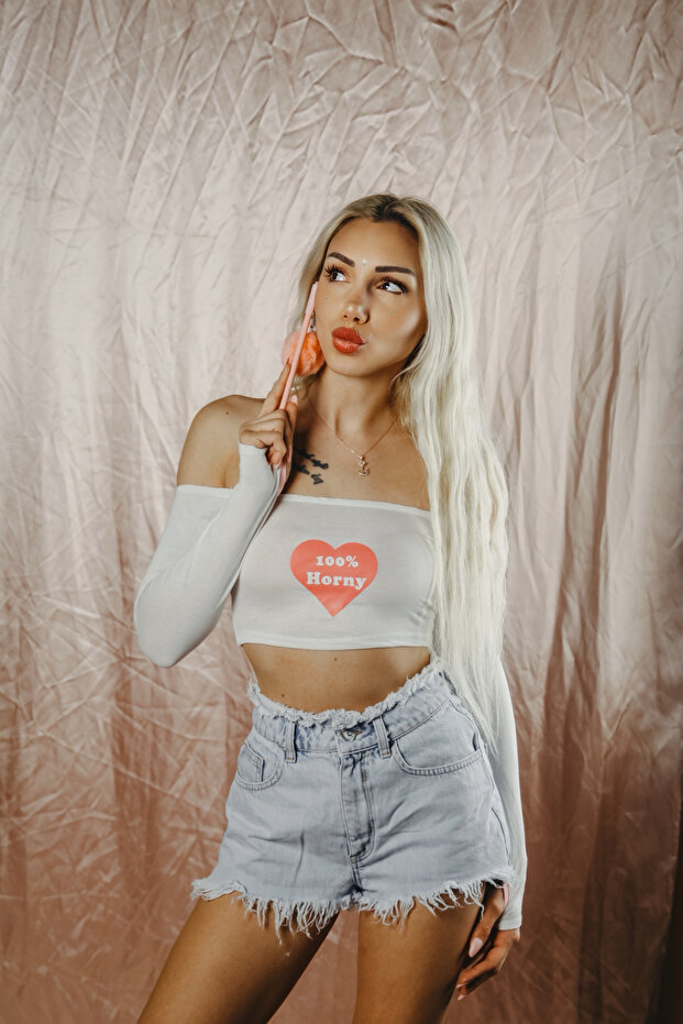 White Crop Blouse with Pink Horny Printed Gloves