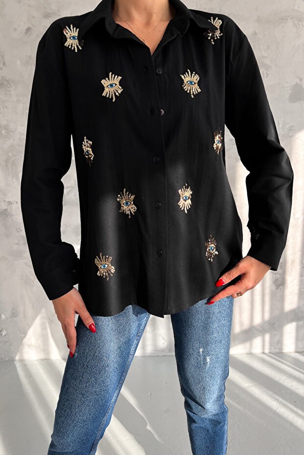 Women's Black Eye Pattern Sequin Sequin and Embroidery Cotton Shirt