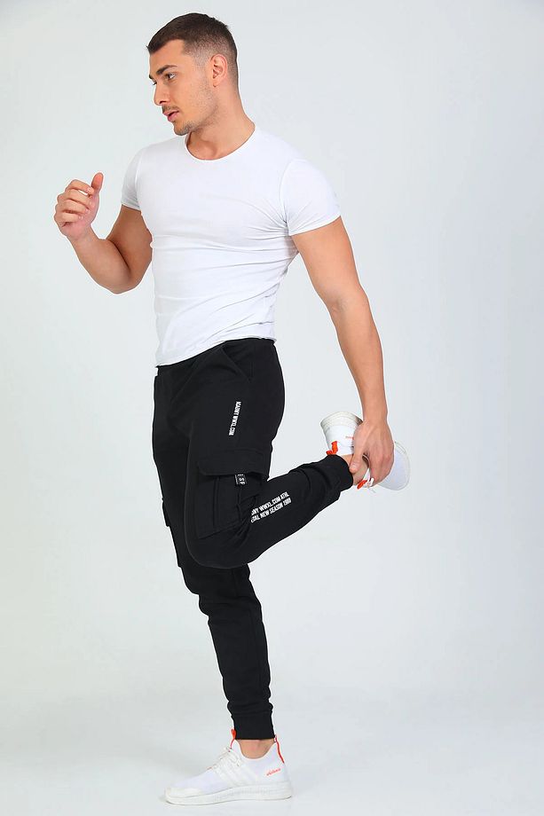 Unisex Siyah Komando Cep Baskılı Jogger - 2