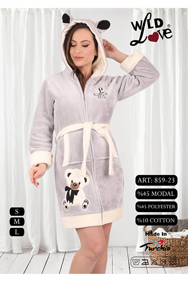 Women's Hooded Embroidered Zip-Up Short Robe