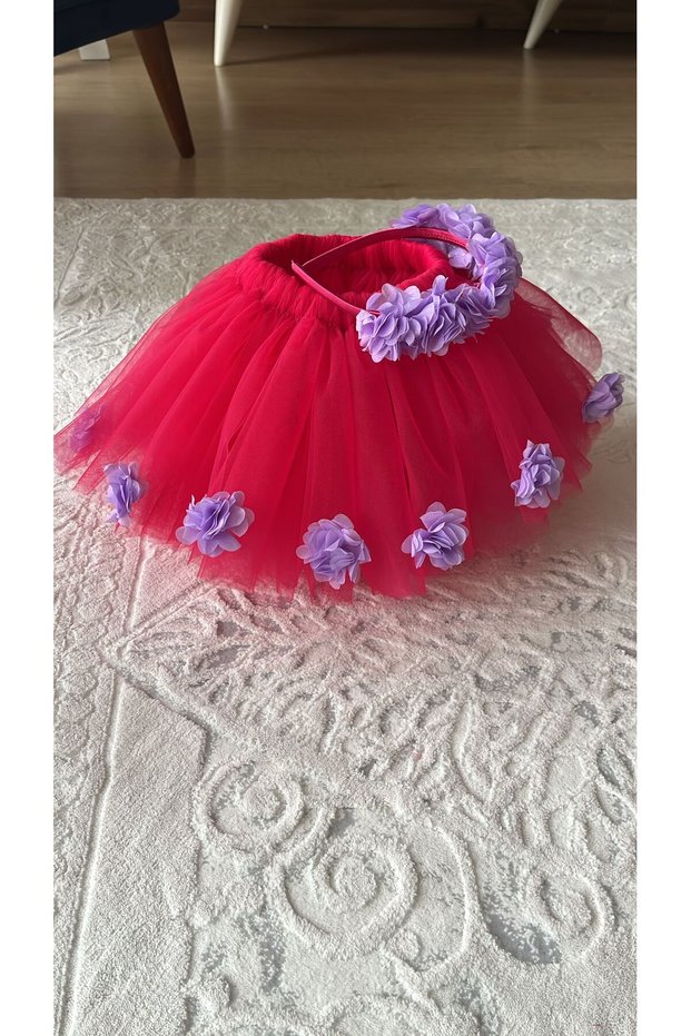 Lilac Floral Detailed Fuchsia Tutu Skirt and Buckle Set