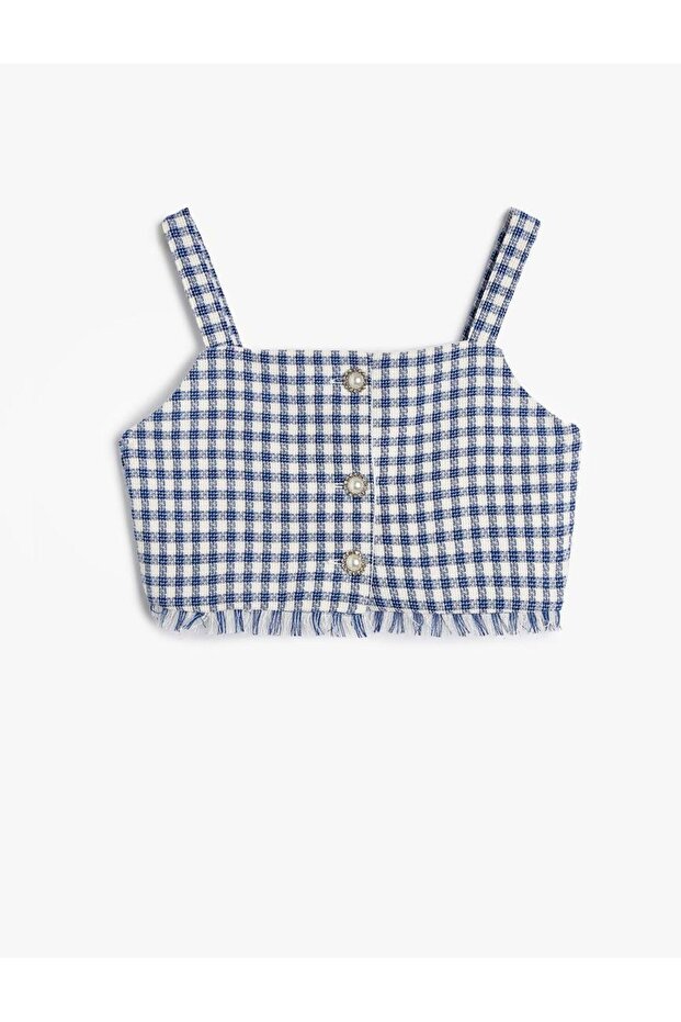 Girl's Crop Blouse with Straps Tweed Flower Button Detail