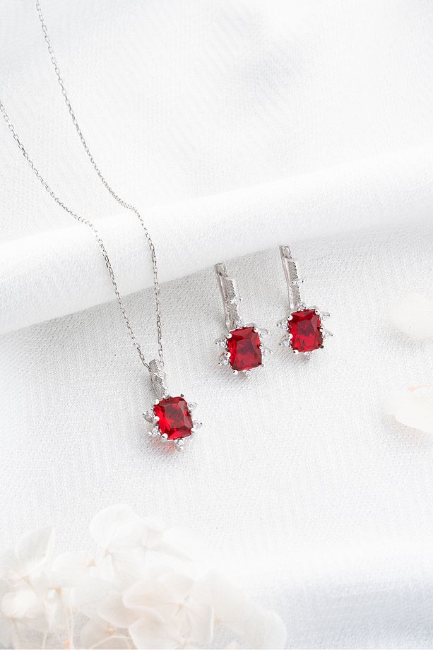 925 Ayar Gümüş Bordo Baget Taşlı Küpe Ve Kolye Set - 2