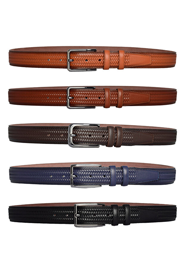 %100 Hakiki Deri, 5'liMükemmel Set, Örgü Baskılı Kumaş Pantolon Kemeri 3.5 Cm_örgü.bas - 4