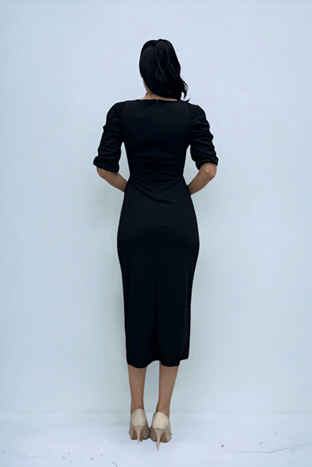 Örme Krep Kumaş Kare Yaka Yırtmaçlı Elbise - SİYAH - 6