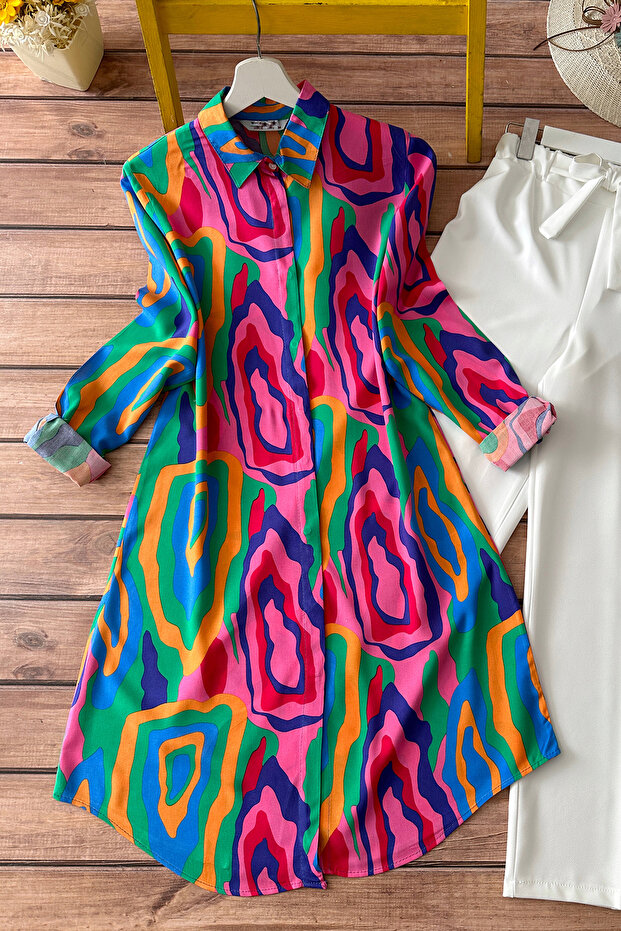 تونيك فيسكوز منقوش بصبغة التعادل - فوشيا - 1