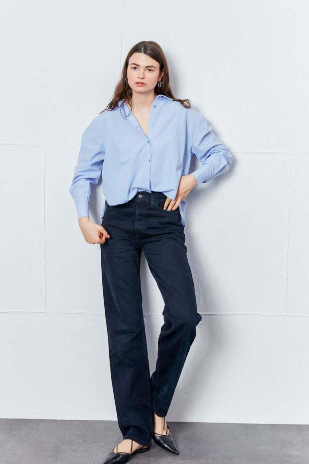 Bebe Mavisi Oval Kesim Basic Gömlek - 4