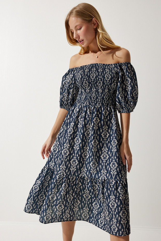 Women's Navy Blue Cream Patterned Summer Woven Dress MX00153