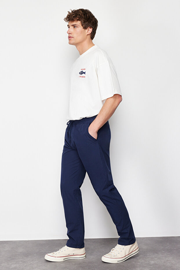 Lacivert Relaxed Fit Lastikli Beli Bağlamalı Yazlık %100 Pamuk Yumuşak Keten Pantolon TMNSS24PL00002 - 4