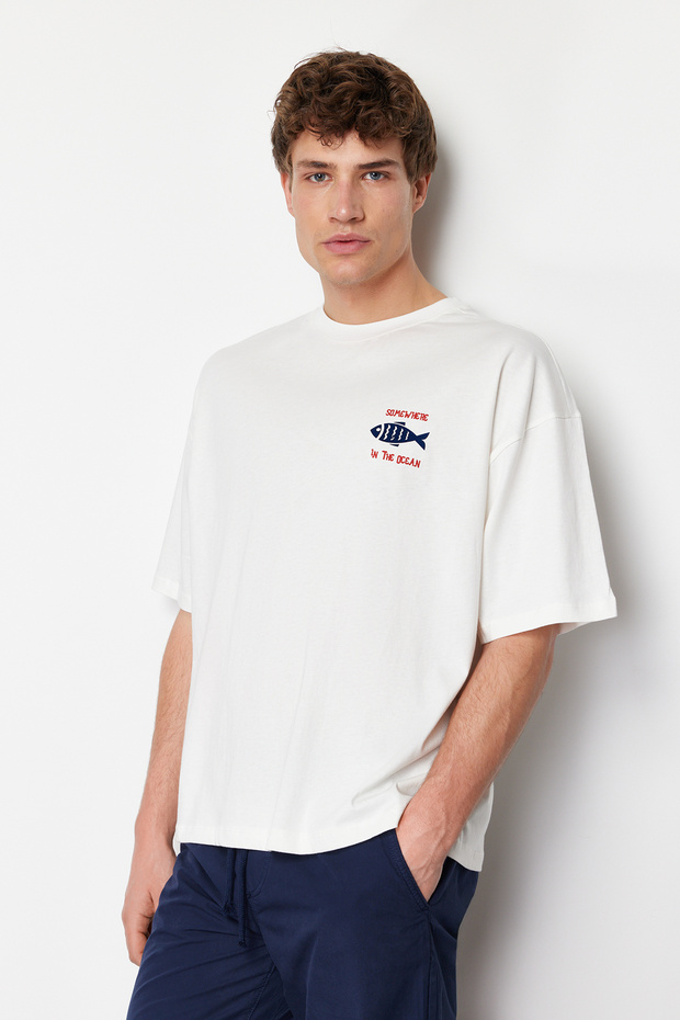 Ekru Oversize/Geniş Kesim %100 T-Shirt TMNSS22TS0318 - 6