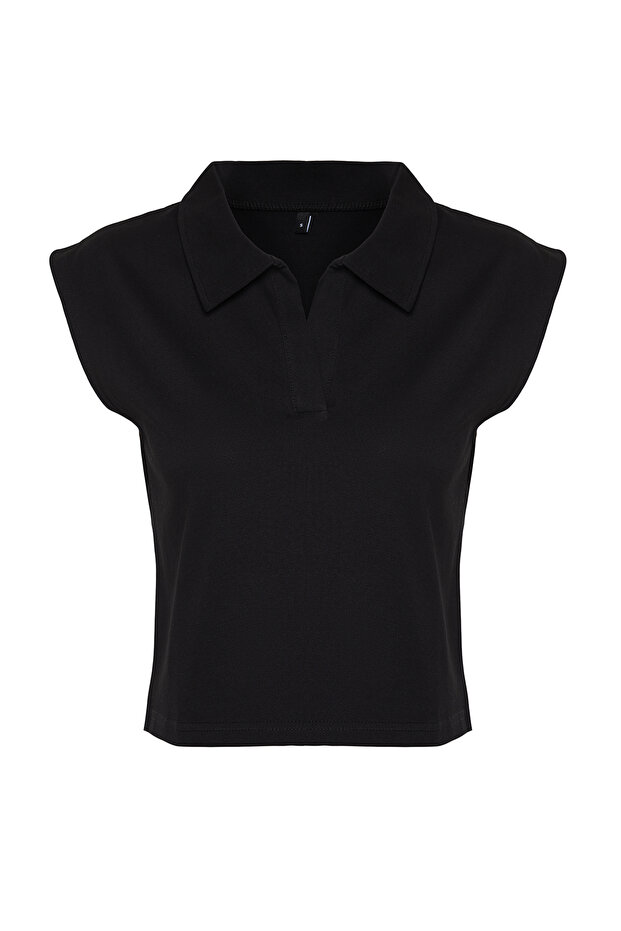 Siyah %100 Kalın Pamuklu Polo Yaka Regular/Normal Kalıp Örme T-Shirt TWOSS24TS00075 - 7