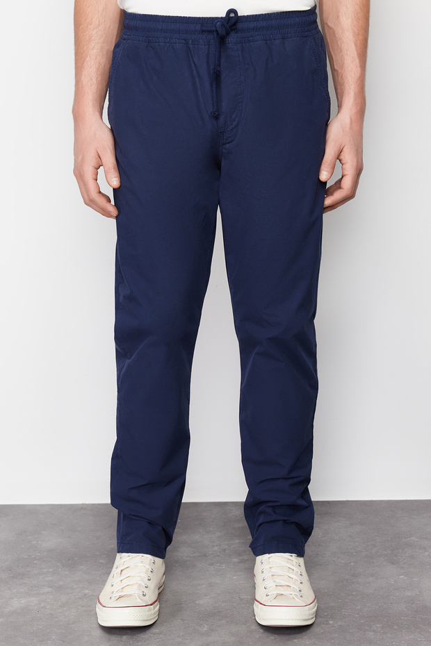 Lacivert Relaxed Fit Lastikli Beli Bağlamalı Yazlık %100 Pamuk Yumuşak Keten Pantolon TMNSS24PL00002 - 1
