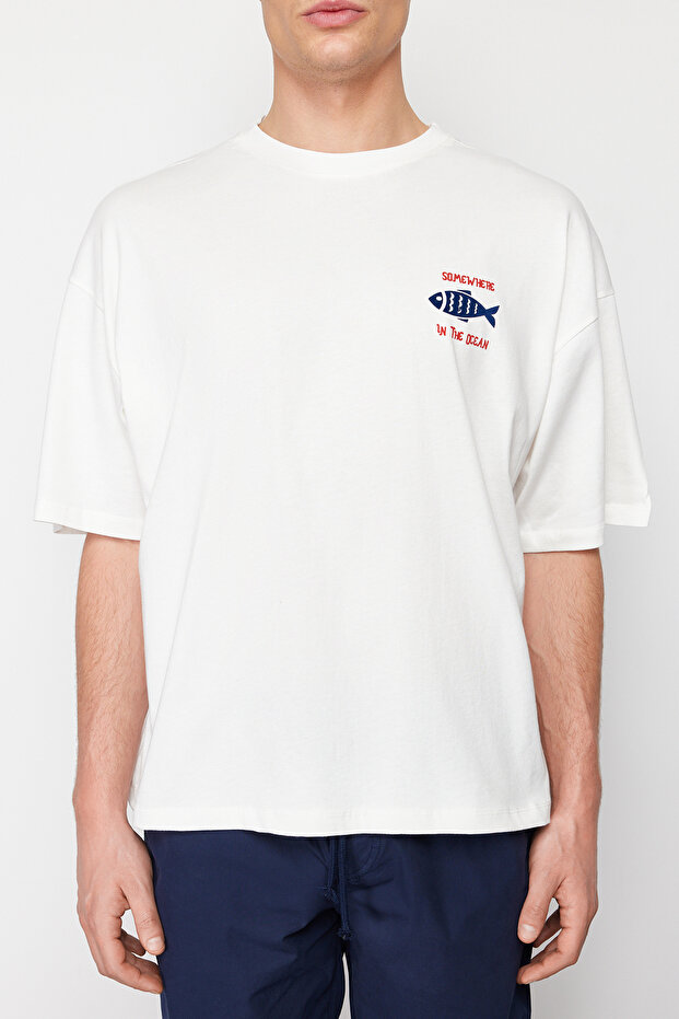 Ekru Oversize/Geniş Kesim %100 T-Shirt TMNSS22TS0318 - 8
