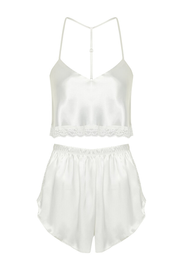Bride/Bridal Beyaz Dantelli İp Askılı Crop Saten Şortlu Dokuma Pijama Takımı THMSS22PT0264 - 11