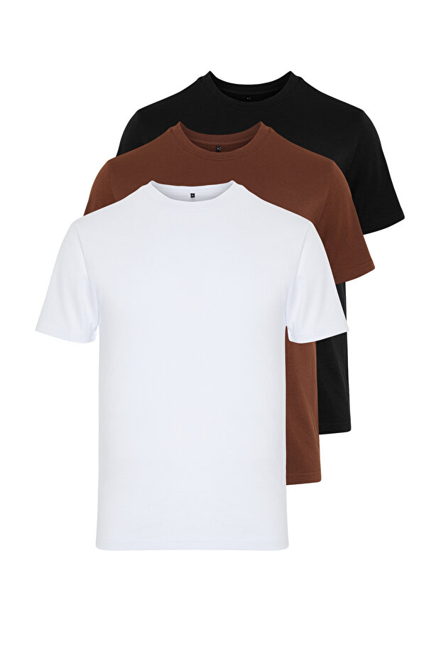 Unisex Siyah-Kahverengi-Beyaz Slim Kesim Bisiklet Yaka %100 Pamuk 3'lü Paket T-Shirt TMNSS19BO0007 - 2