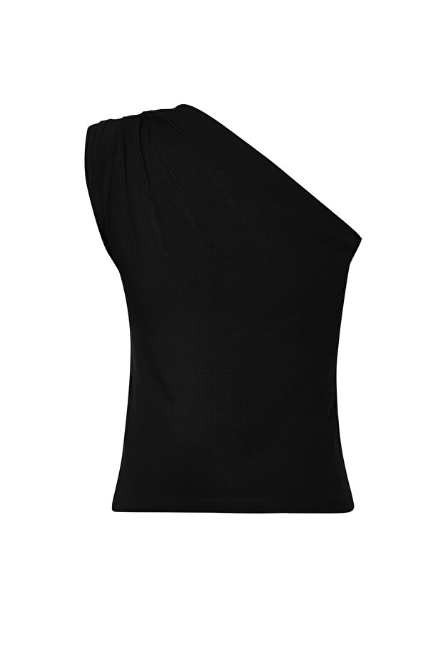 Siyah Asimetrik Tek Omuz Vatkalı Esnek  Örme Bluz TWOSS24BZ00133 - 8