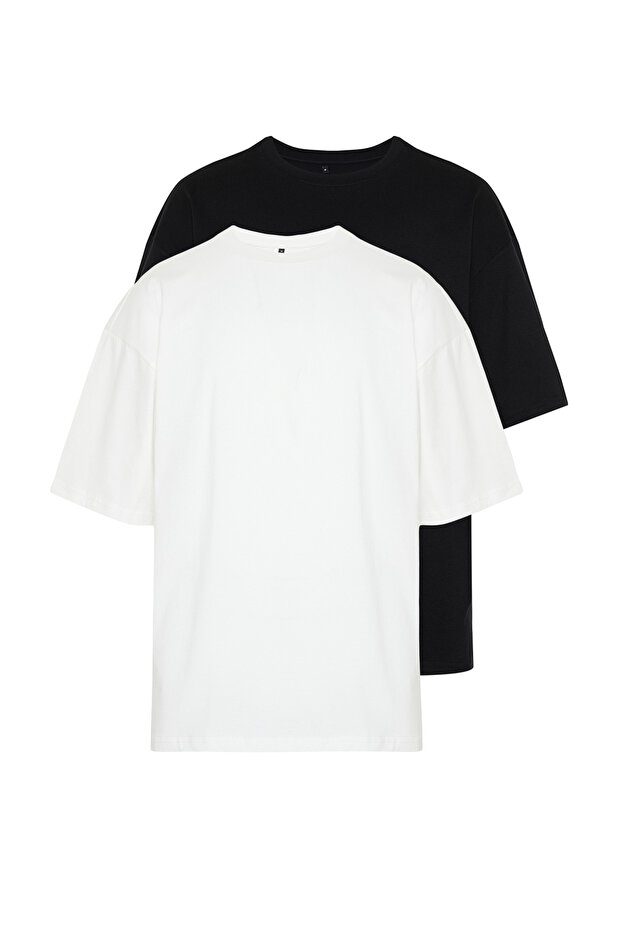 Unisex Siyah-Ekru Oversize 2'li Paket Basic %100 Pamuklu T-Shirt TMNSS24TS00038 - 2