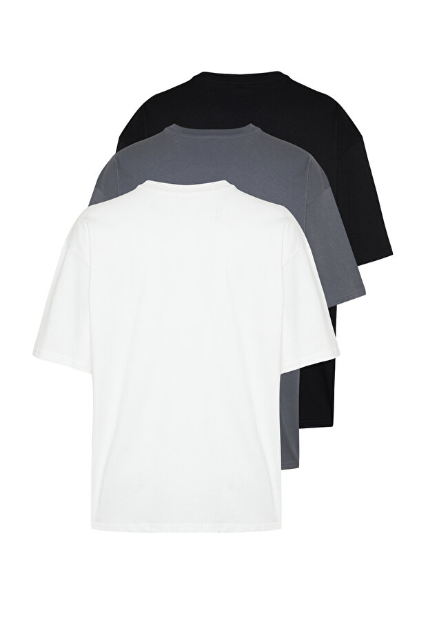 Unisex Siyah-Antrasit-Ekru Oversize/Geniş Kesim 3'lü Paket %100 Pamuklu T-Shirt TMNSS24TS00026 - 3