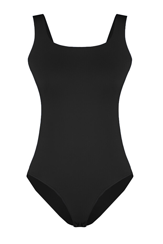 Siyah Kare Yaka Fitted/Vücuda Oturan Soft Touch/Yumuşak Çıtçıtlı Esnek Örme Body TWOSS24BD00001 - 7