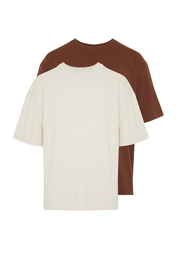 Kahverengi-Taş Oversize 2'li Paket Basic %100 Pamuklu T-Shirt TMNSS24TS00038 - 2