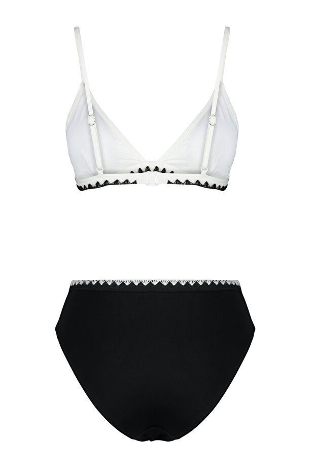 Siyah-Beyaz Nakışlı Üçgen Kaplı Regular Yüksek Bel Bikini Takımı TBESS24BT00127 - 6