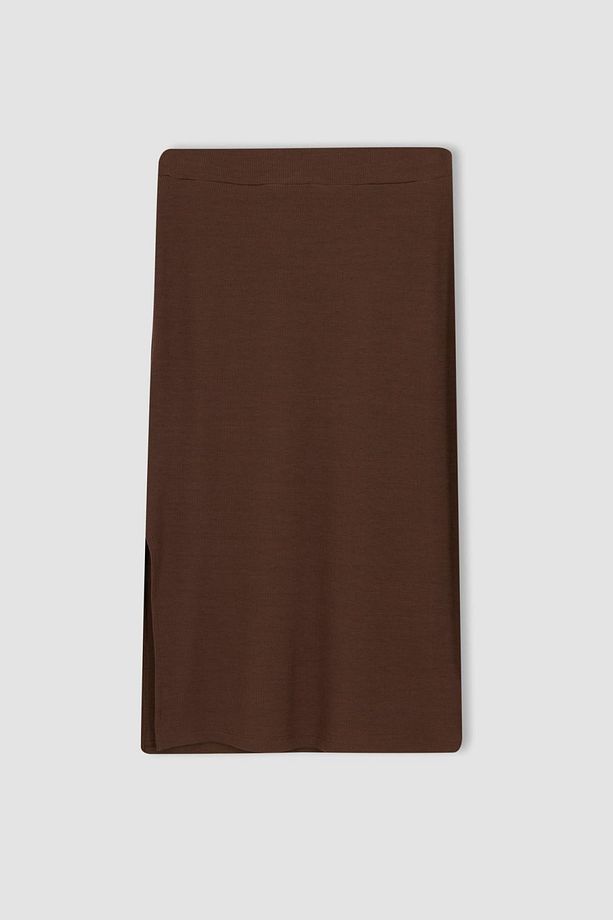 Slim Fit Basic Yırtmaçlı Fitilli Kaşkorse Midi Etek - 7