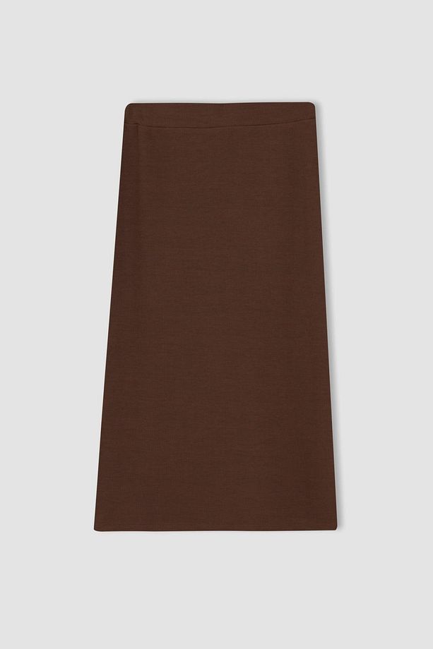 Slim Fit Basic Yırtmaçlı Fitilli Kaşkorse Midi Etek - 5