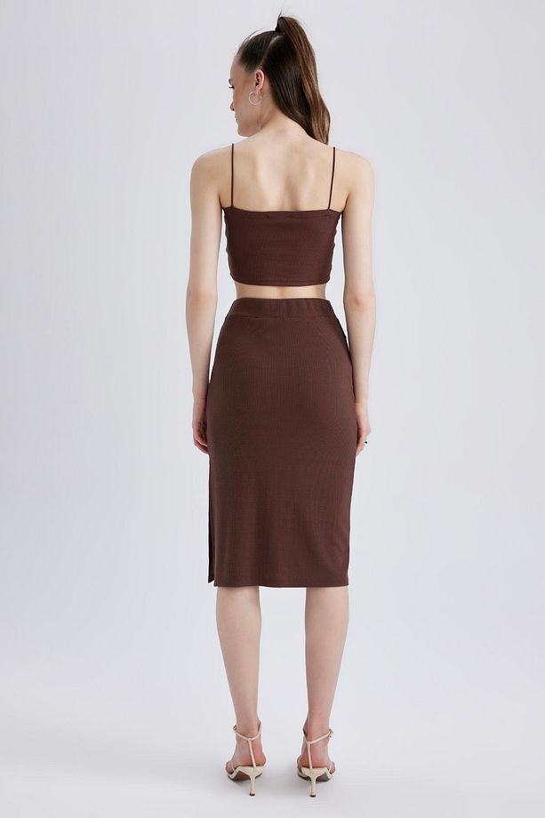 Slim Fit Basic Yırtmaçlı Fitilli Kaşkorse Midi Etek - 4