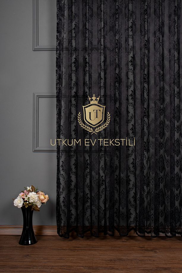 Siyah Örme Tül Perde Damask Desen 1012 1/2 Seyrek Pile - 3
