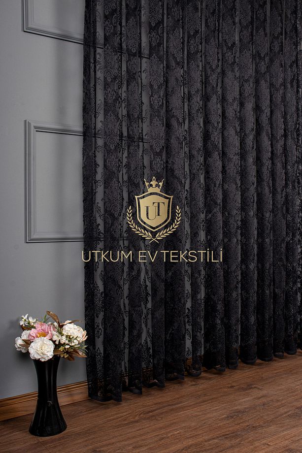 Siyah Örme Tül Perde Damask Desen 1012 1/2 Seyrek Pile - 6