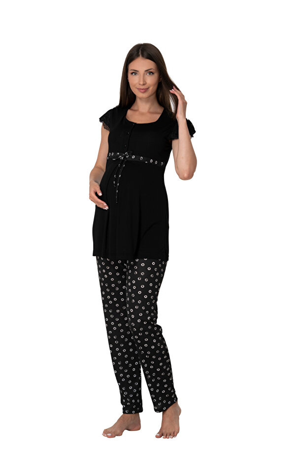 Women's Black Cotton Maternity Pajama Set