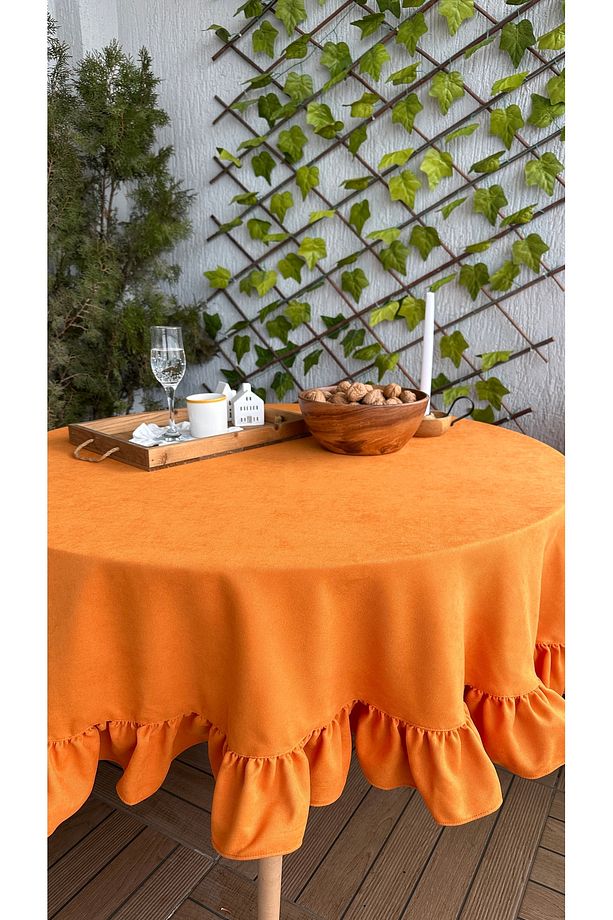 Soft Kumaş Turuncu Fırfırlı Vintage Yuvarlak Dertsiz Masa Örtüsü - 7