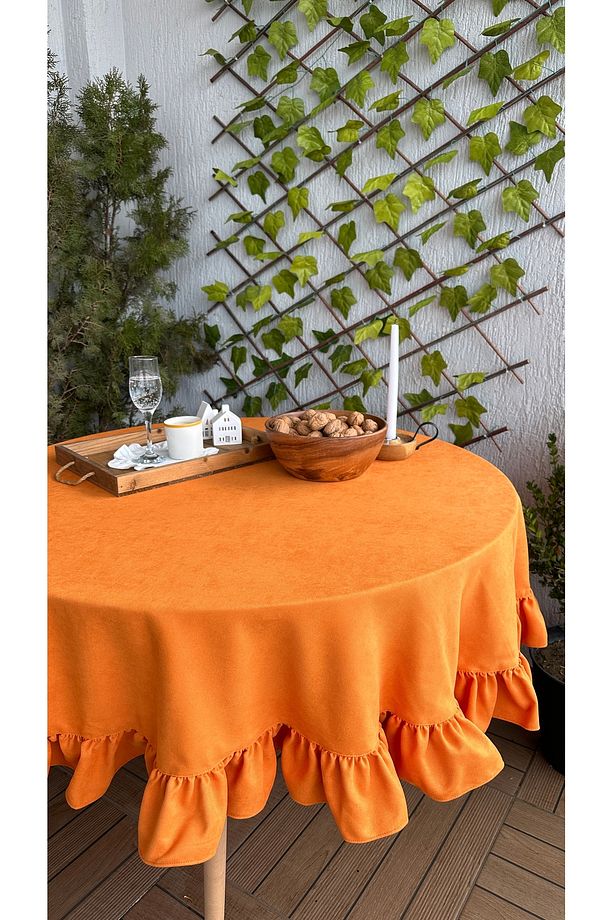 Soft Kumaş Turuncu Fırfırlı Vintage Yuvarlak Dertsiz Masa Örtüsü - 6