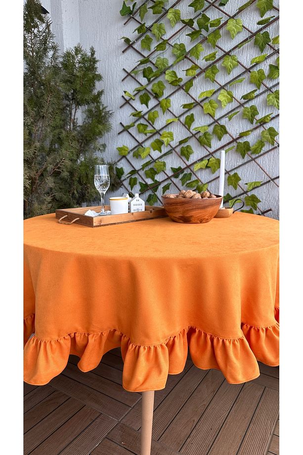Soft Kumaş Turuncu Fırfırlı Vintage Yuvarlak Dertsiz Masa Örtüsü - 8