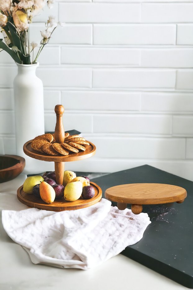 2 Pieces 2 Tiers Cake Stand and 29 Cm Wooden Round Cake Presentation Serving Plate with Risus Ball Legs