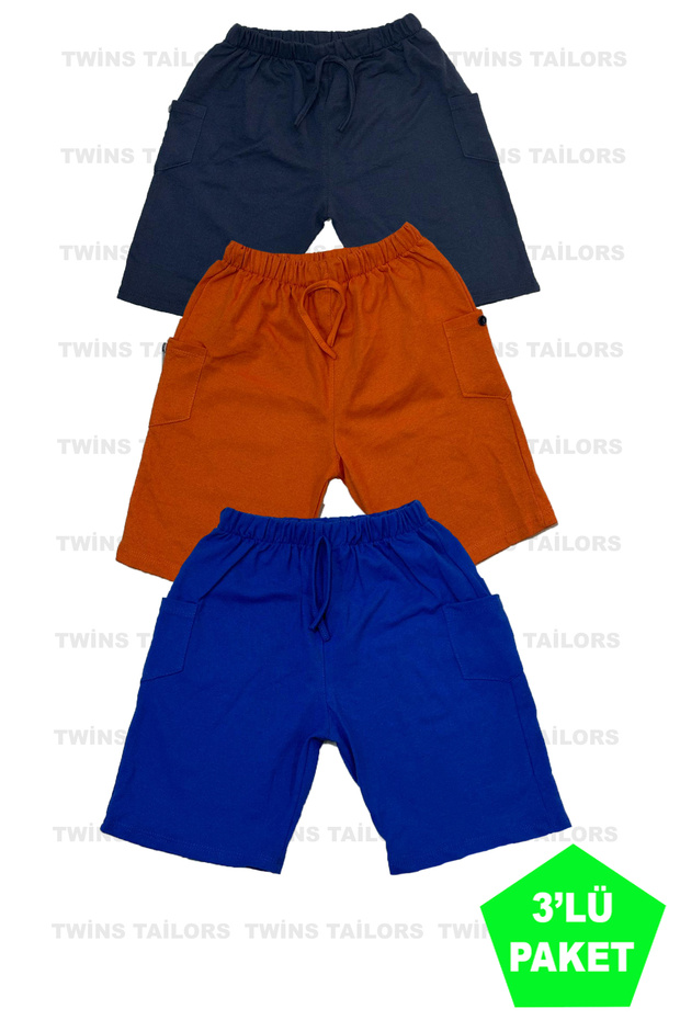 Combed Cotton Navy-Orange-Sax Blue 3 Pack Unisex Children's Short Shorts