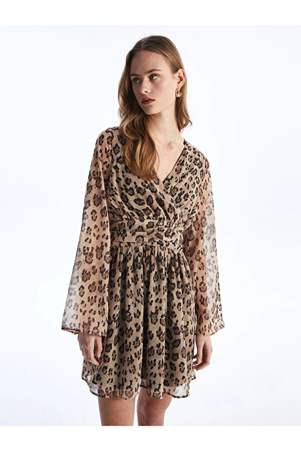 LCW Vision Double Breasted Collar Print Long Sleeve Chiffon Women's Dress