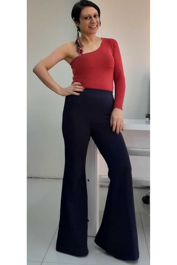Lacivert beli lastikli İspanyol paça örme pantolon - 4
