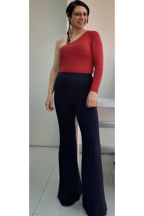 Lacivert beli lastikli İspanyol paça örme pantolon - 5