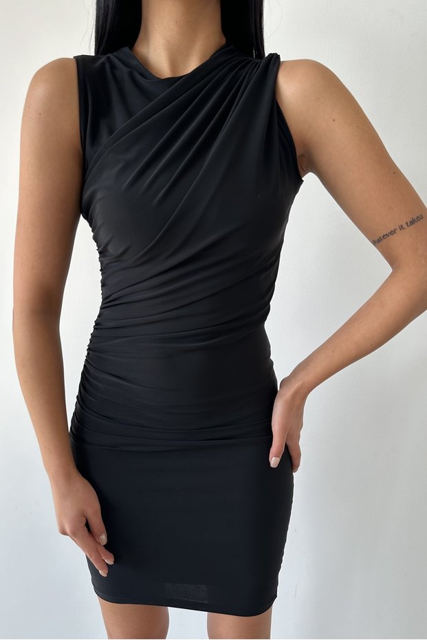 Women's Black Sandy Fabric Cross Collar and Drawstring Design Sleeveless Mini Dress 8000